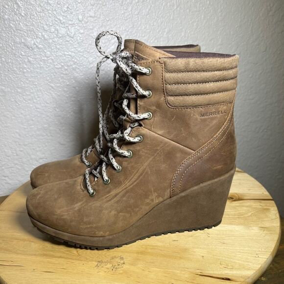 Merrell Tremblant Wedge Waterproof Boots Brown Leather Size 8 Women's NWOT - Picture 1 of 9